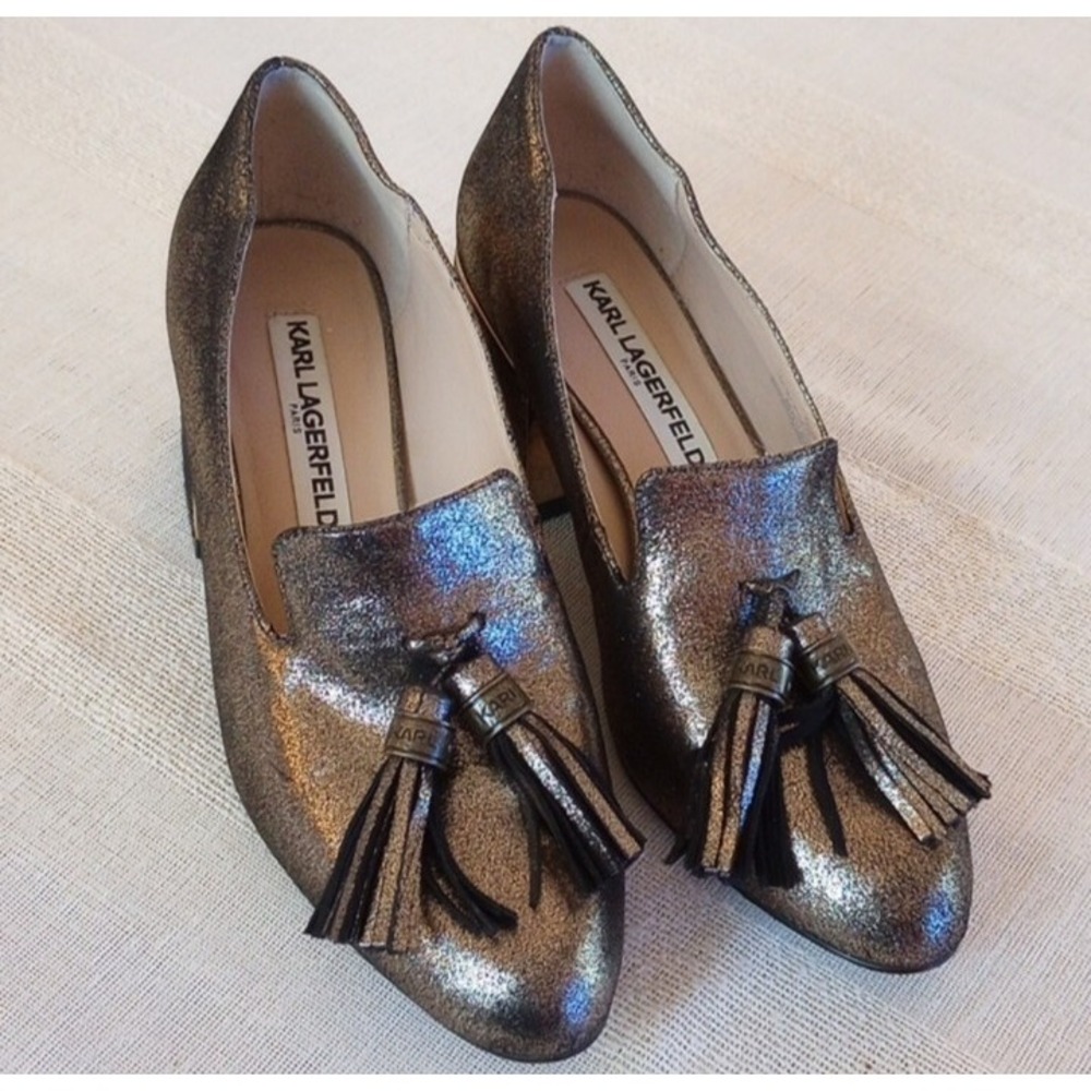 Karl Lagerfeld Mae Chunky Heel Sparkly Tassel Women's Shoes Size:6M Bronze Gold